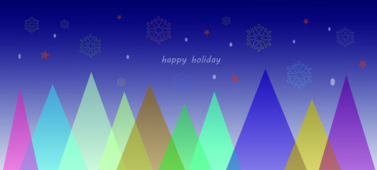 happy new year , merry christmas background design. happy holiday lettering with mountains, snowflakes, stars, winter themed christmas theme