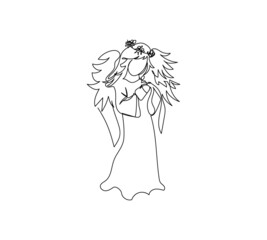 Christmas angel with wreath and wings, holy spirit, guardian one line art. Continuous line drawing of christmas traditional decor, Christmas tree toy.