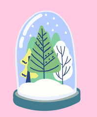 Christmas trees and snow in glass bubble. Christmas illustration