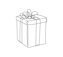 Gift box with bow one line art. Continuous line drawing of new year holidays, christmas, celebration, packaging, holiday, giving, present, surprise, decoration.