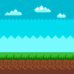 Background in pixel art summer style and blue sky with clouds.