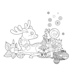 Cute Christmas reindeer. Winter holiday decoration. Black and white elements. Traditional festive balls for season design. Hand drawn illustration in zentangle style for children and adults, tattoo.