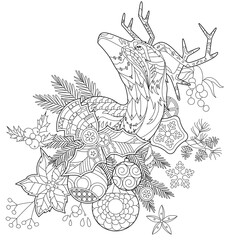 Cute Christmas reindeer. Winter holiday decoration. Black and white elements. Traditional festive balls for season design. Hand drawn illustration in zentangle style for children and adults, tattoo.