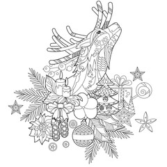 Cute Christmas reindeer. Winter holiday decoration. Black and white elements. Traditional festive balls for season design. Hand drawn illustration in zentangle style for children and adults, tattoo.