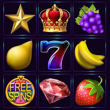 Set of casino slot machine symbols isolated on dark background. 3D illustrations of a golden star, crown, lucky seven, fortune wheel, ruby gemstone and of fruits: strawberry, grape, banana, pear 