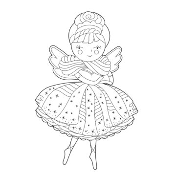 Cute Christmas ballerina. Winter holiday decoration. Black and white elements. Traditional festive doll for season design. Hand drawn illustration in zentangle style for children and adults, tattoo.