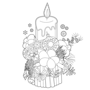 Cute Christmas candle. Winter holiday decoration. Black and white elements. Traditional festive balls for season design. Hand drawn illustration in zentangle style for children and adults, tattoo.