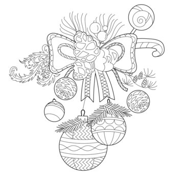 Cute Christmas decor. Winter holiday decoration. Black and white elements. Traditional festive balls for season design. Hand drawn illustration in zentangle style for children and adults, tattoo.