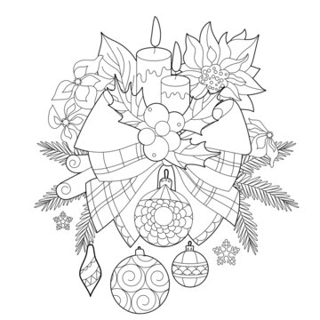 Cute Christmas decor. Winter holiday decoration. Black and white elements. Traditional festive balls for season design. Hand drawn illustration in zentangle style for children and adults, tattoo.