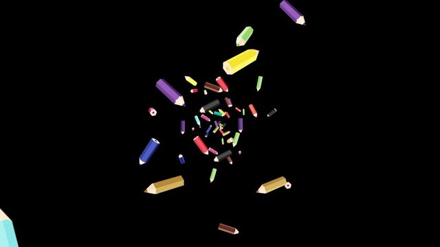 Many colored pencils floating in air on black background. Education concept. Low polygonal writing utensil. 3D loop animation.