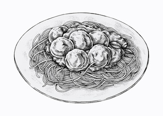 Hand drawn dish of spaghetti with meatballs vector