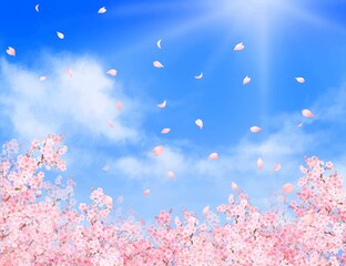 美しく華やかな桜の花と花びら舞い散る春の爽やか青空に光差し込む雲のフレーム背景ベクター素材イラスト