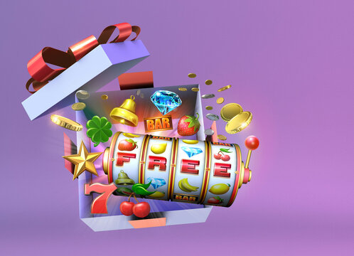 Abstract gambling concept image for mobile casinos offering free spins rounds on slot games. 3D illustration  with various slot symbols and coins flying out of an open gift box