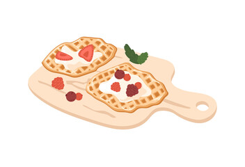 Croffle with berries on serving board. Sweet waffle with strawberry, raspberry, cream and mint leaves. Asian baked food. Vector illustration.