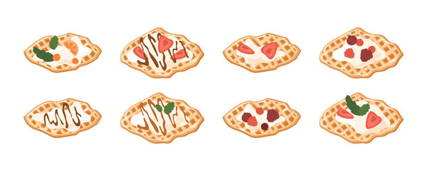 Croffles set. Sweet waffles collection with different toppings: strawberry slices, raspberry, blueberries, orange, mint leaves, cream, caramel and chocolate syrup. Vector illustration with dessert.