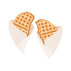 Waffle in craft package. Croffle set in paper. Takeaway food. Vector illustration, pastry element, confectionery.