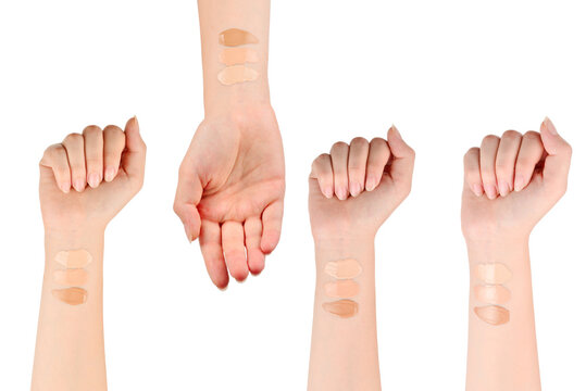 Fair, Medium, Dark Swatches  Of Foundation On The Hand Isolated On White.