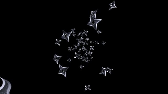 Many various shuriken throwing in air on black background. Japanese culture metal weapon. Martial art concept. Loop animation.