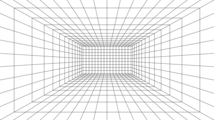 3d wireframe grid room. 3d perspective laser grid 16 9.. Cyberspace white background with black mesh. Futuristic digital hallway space in virtual reality. Vector illustration.