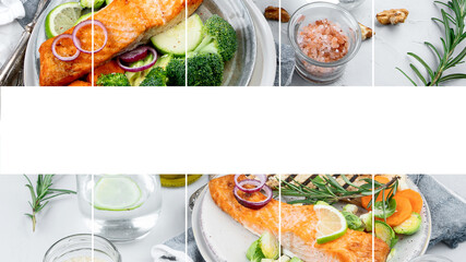 Collage made of grilled salmon dishes.