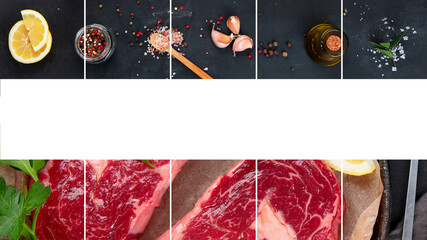 Collage made of meat raw steaks with seasoning and herbs on dark background.