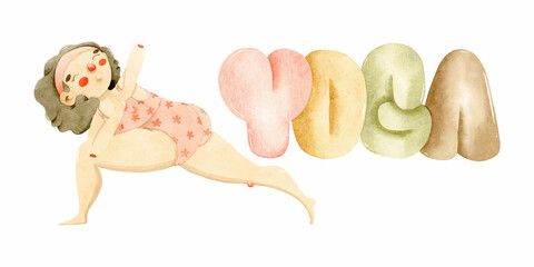 Revolved Side Angle Pose yoga asana girl. Watercolor illustration lifestyle with lettering
