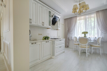Interior of the modern luxure kitchen in studio apartments with light color