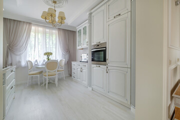 Interior of the modern luxure kitchen in studio apartments with light color
