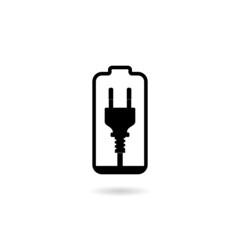 Battery charging plug icon with shadow for web design isolated on white background