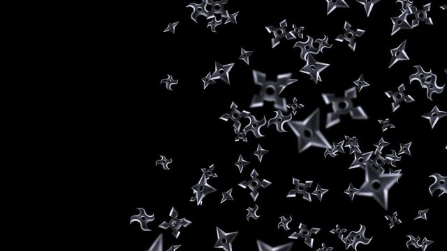 Many various shuriken throwing in air on black background. Japanese culture metal weapon. Martial art concept. Loop animation.