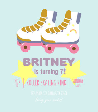 Invitation to a birthday party with cool bright roller skates. Fun cartoon illustration in vector.