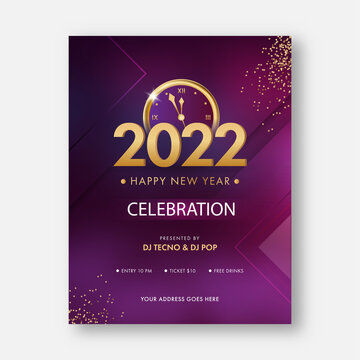 2022 New Year Party Flyer Design With Countdown Clock And Event Details In Purple Color.