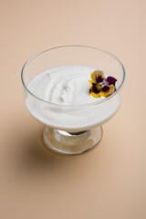 Bowl of white plain yogurt set for breakfast