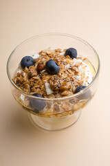 Bowl of granola oatmeal with bluberries and nuts for breakfast