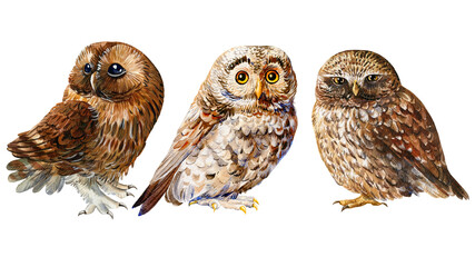 Set of birds owl on an isolated background, wildlife watercolor hand drawing, forest bird