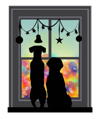 Silhouette di cani che guardano fuori dalla finestra a Natale