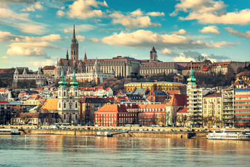 Fototapeta na wymiar Budapest amazing cityscape scenic view on Buda and Danube river of under dramatic sky