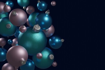 New year flying metall balls with glitter. Christmas tree toys on dark background 3d illustration