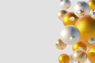 New year flying metall balls with glitter. Christmas yellow tree toys on white background 3d illustration