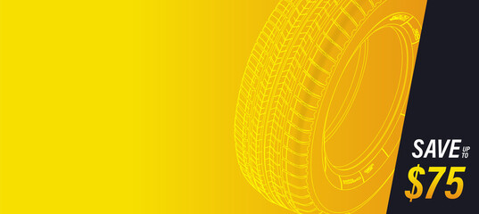 Automotive flyer template. Tire track. Vehicle tires or tyres in a row. Line art. Banner concept with line art for the site header on a  orange background. Sale of tires or spare parts for the car.