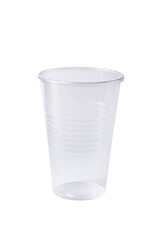 Plastic glass isolated on white background. Recycling concept. Plastic pollution.