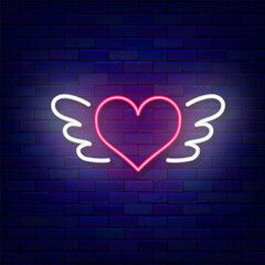 Neon heart with wings. Happy Valentines Day. Outer glowing effect banner. Isolated vector illustration