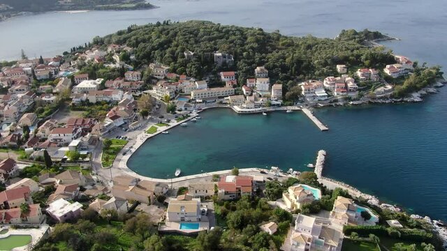 Aerial drone view of famous kassiopi in corfu greece