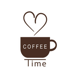 Coffee time and break. Cup in brown stylish color with steam in the shape of a heart for business, cafe, flyer, sticker