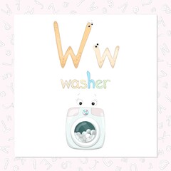 The capital and lowercase letters Ww in the form of cute characters. The word, starting with w, and funny image, which looks like a kind character. Sweet home series for the development of imagination