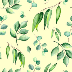 Seamless pattern with green leaves and eucalyptus on a yellow background. Watercolor background for textiles, wallpaper, packaging and bed linen.