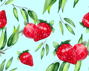 Seamless pattern with green eucalyptus leaves and ripe strawberries. Watercolor bright drawing for textiles, wallpaper, packaging and bed linen.