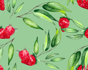 Seamless pattern with green eucalyptus leaves and ripe strawberries. Watercolor bright drawing for textiles, wallpaper, packaging and bed linen.