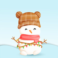 Snow man blue mountain blackgound.He is wearing hat and lighting around cute body.It is adorable for christmas card.