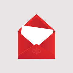 Classic red envelope with blank paper sheet mockup. Office stationery, corporate identity template. Vector illustration.